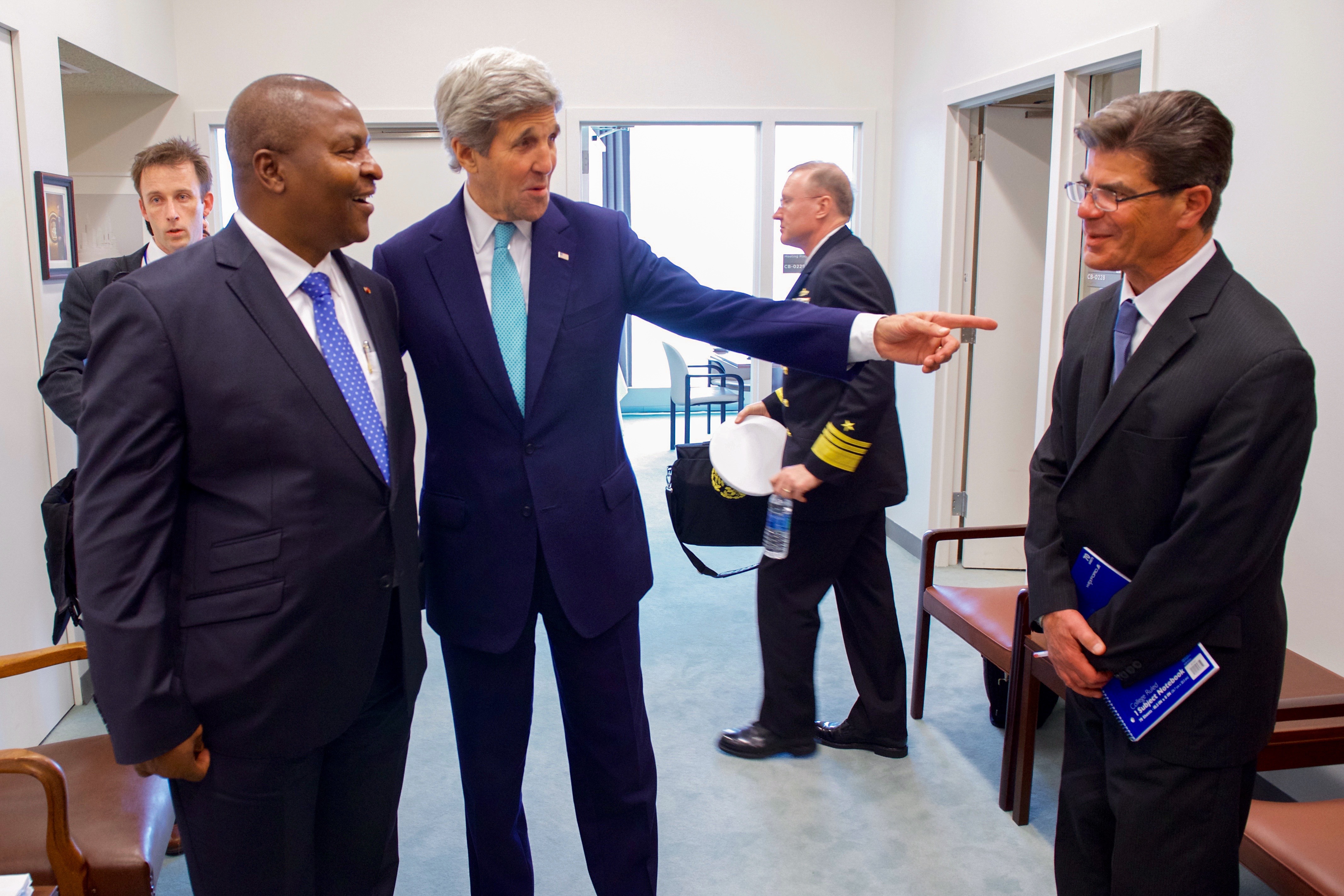 U.S. Secretary of State John Kerry, who speaks fluent French, points to his French interpreter on standby as he meets with Central African Republic (CAR) President Faustin-Archange Touadéra after both officials signed the COP21 Climate Change Agreement on Earth Day, April 22, 2016, at the United Nations Headquarters in New York, N.Y. [State Department photo/ Public Domain] [State Department photo/ Public Domain]
